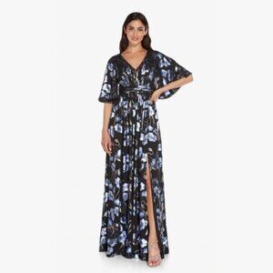 Adrianna Papell Gown 8 Black Blue Maxi Dress Floral Metallic Flutter Sleeves New